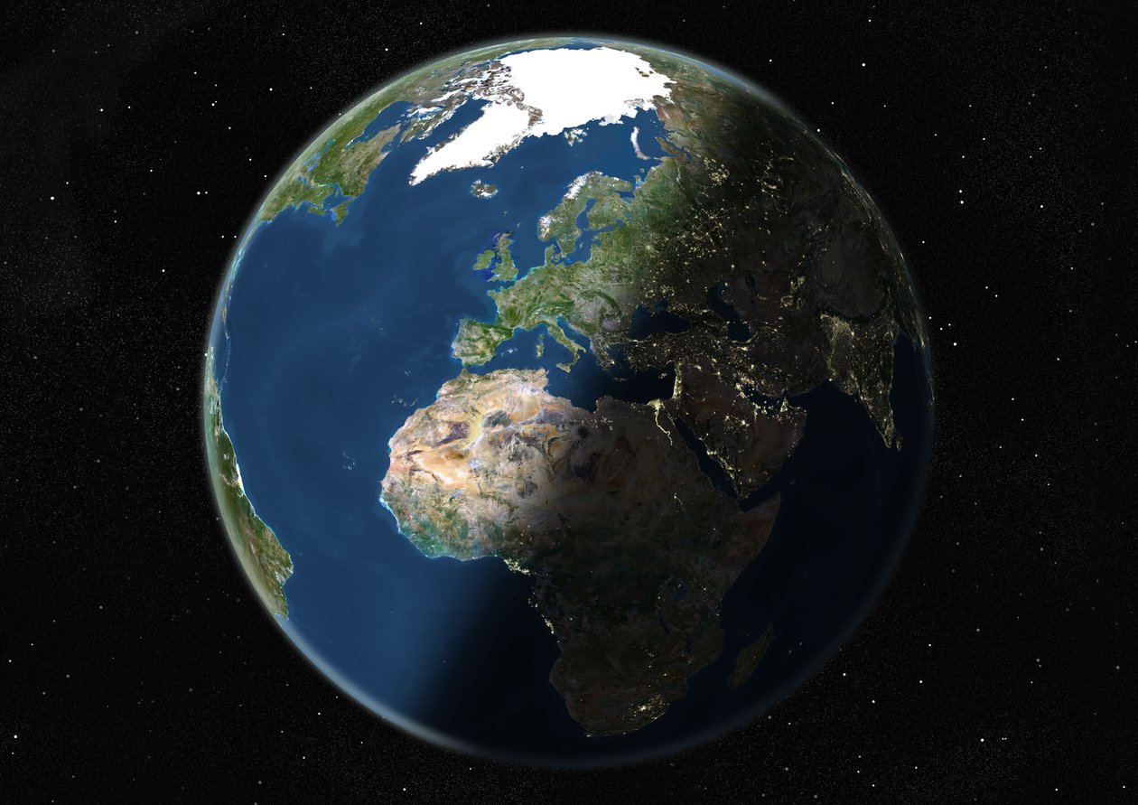 Globe gecentreerd op Europa en Afrika, ware kleuren satellietbeeld door Unknown