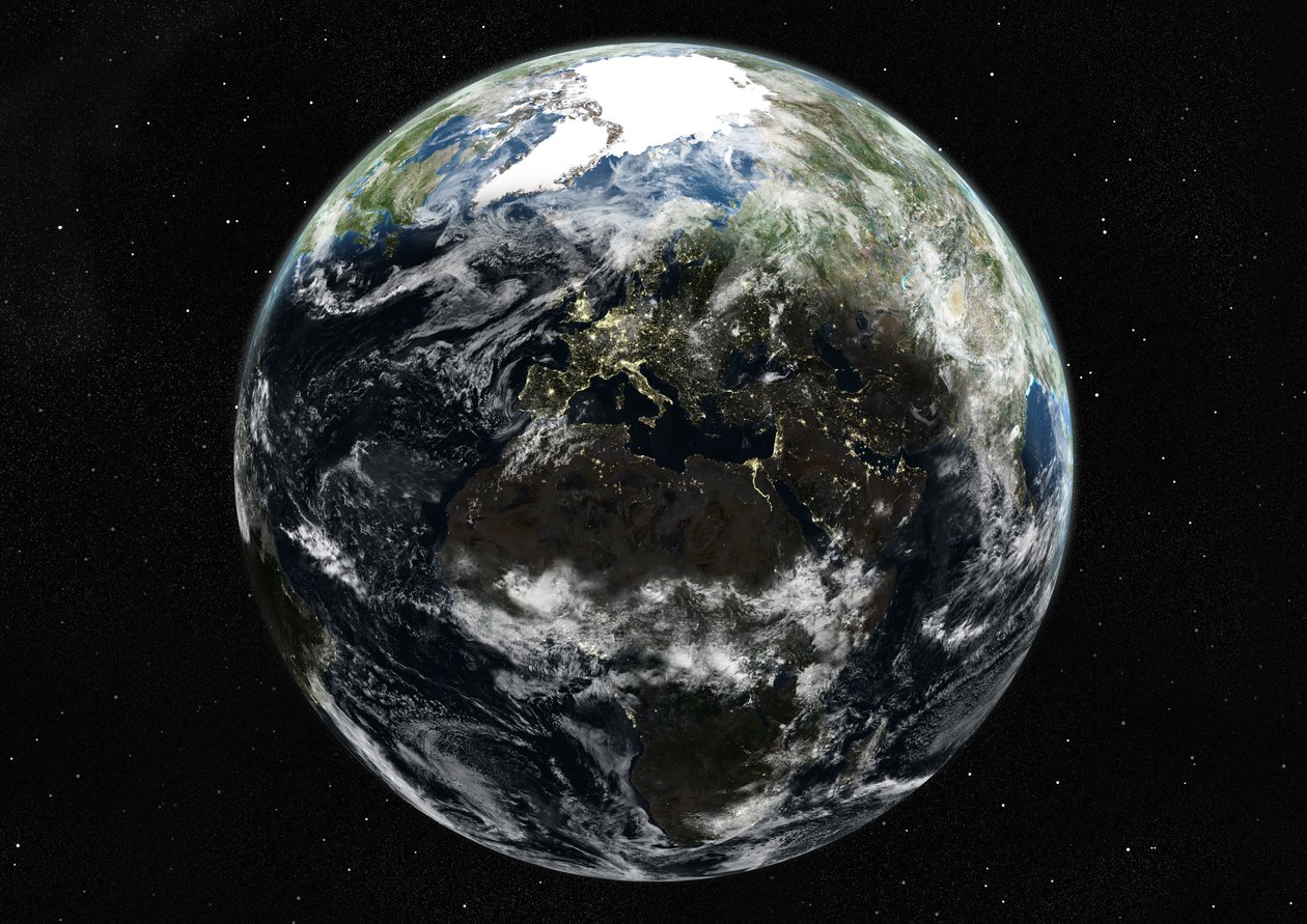 Globe gecentreerd op Europa en Afrika, ware kleuren satellietbeeld door Unknown