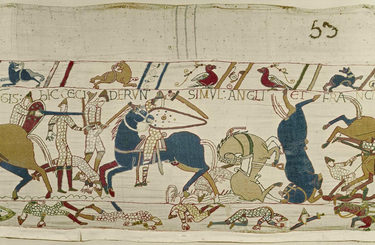 Normandiërs en Engelsen vallen zij aan zij in de strijd, Bayeux Tapestry door Unknown