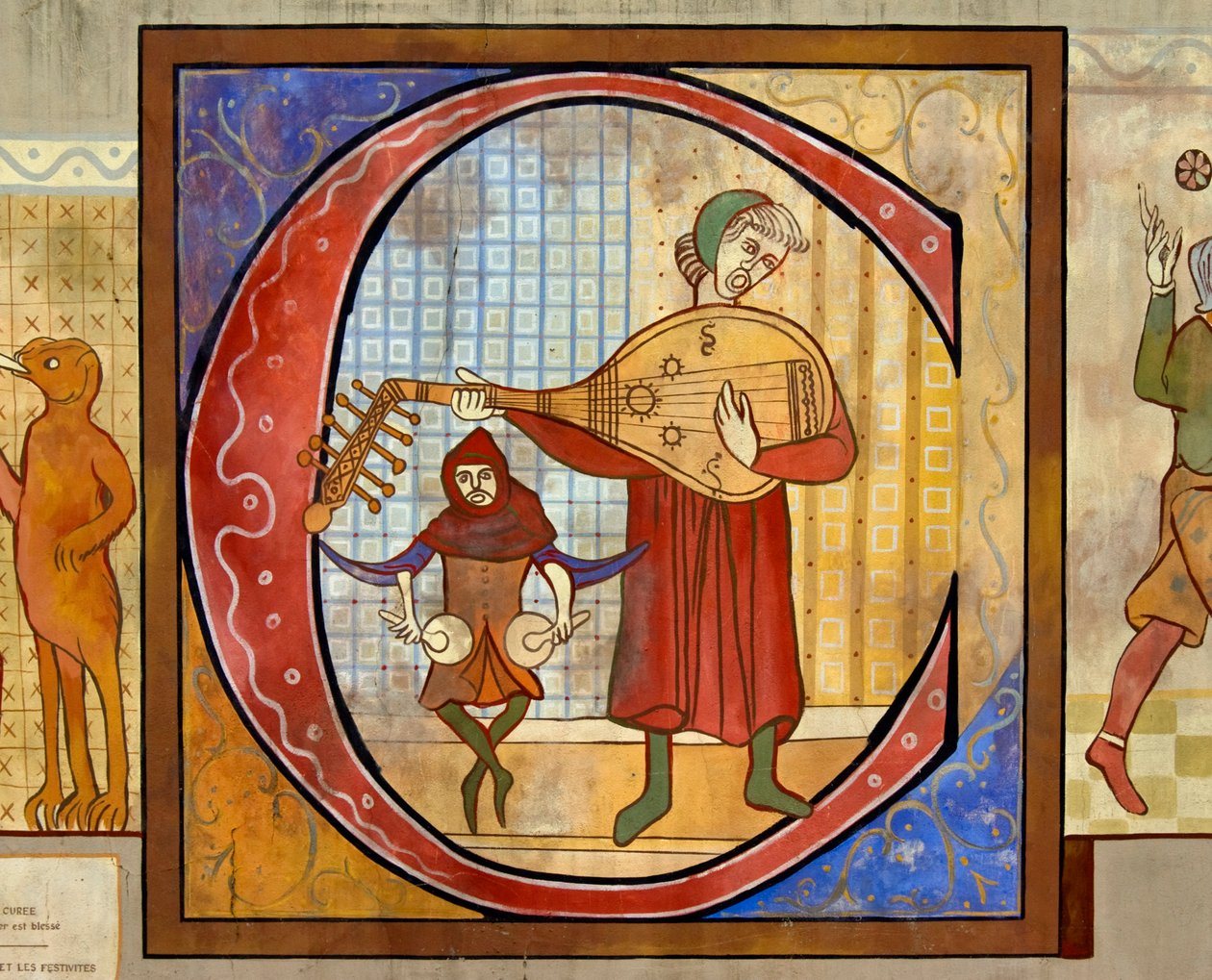 Reproductie van een tekening van een middeleeuwse luitspeler en een drummer die nakers (of nakirs) bespelen door Unknown