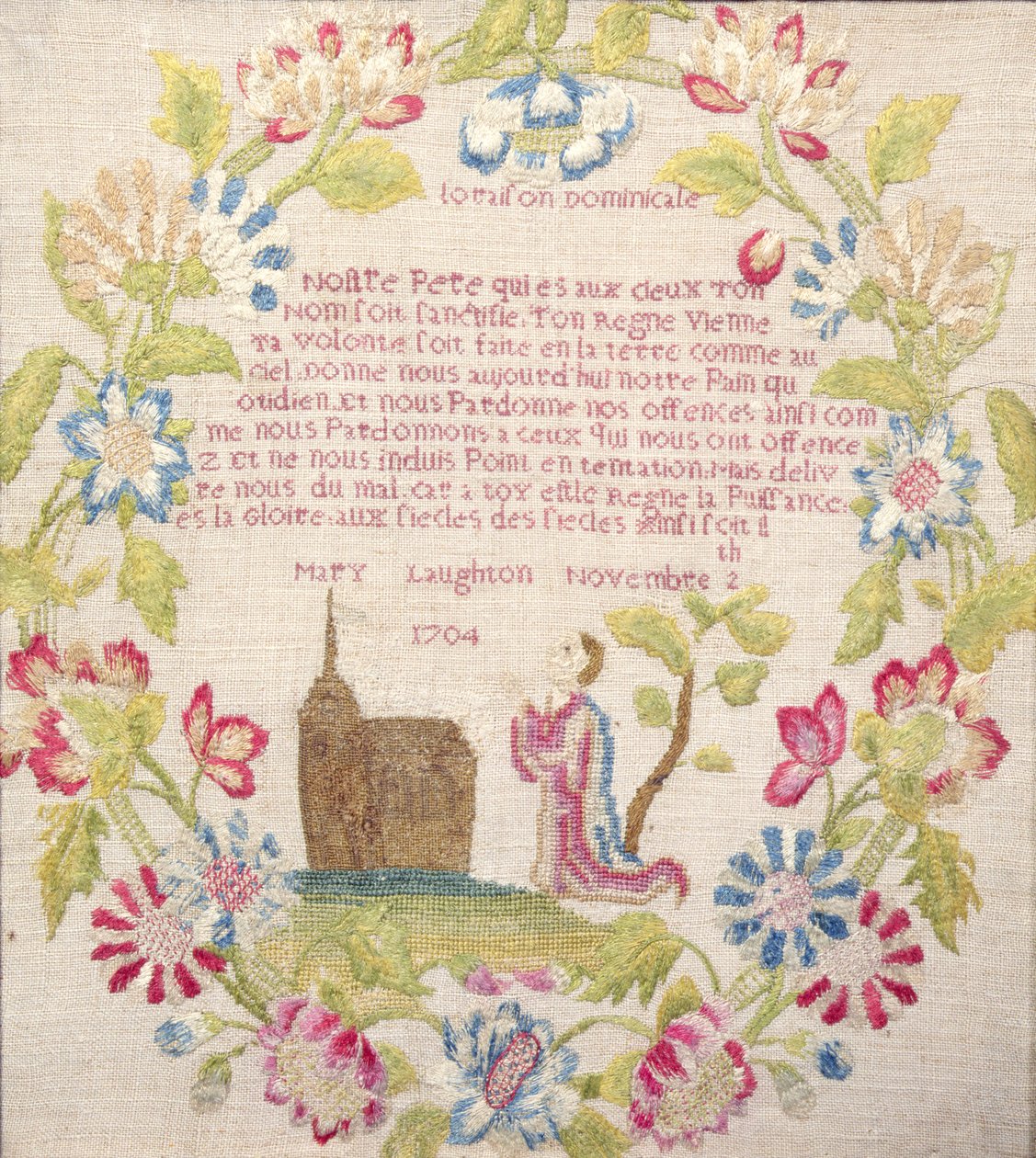 Sampler met het Onze Vader in het Frans boven een knielende figuur, gemaakt door Mary Laughton, 1704 door Unknown