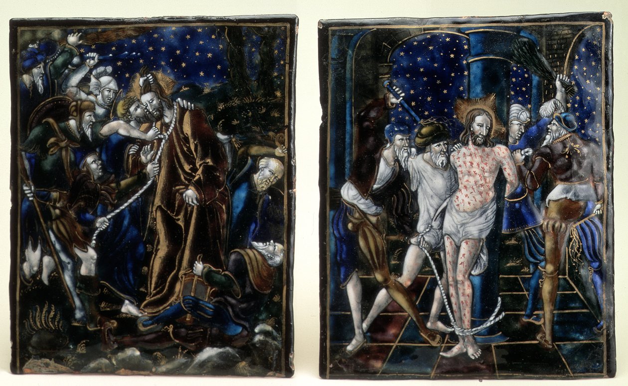 De kus van Judas en de geseling van Christus: twee geëmailleerde plaquettes uit de Passie van Onze Heer-serie, Limoges, midden 16e eeuw door Unknown