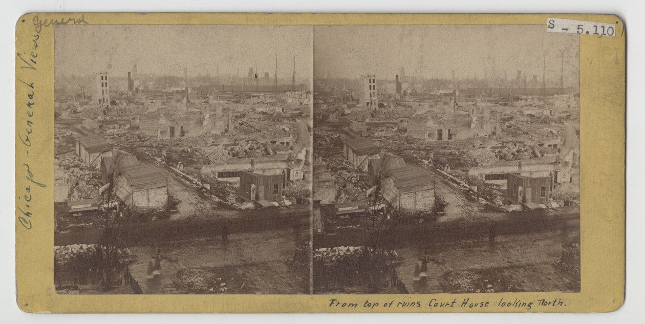 Stereograaf van het uitzicht vanaf de top van de ruïnes van het gerechtsgebouw, kijkend naar het noorden, na de brand van Chicago in 1871 door American Photographer