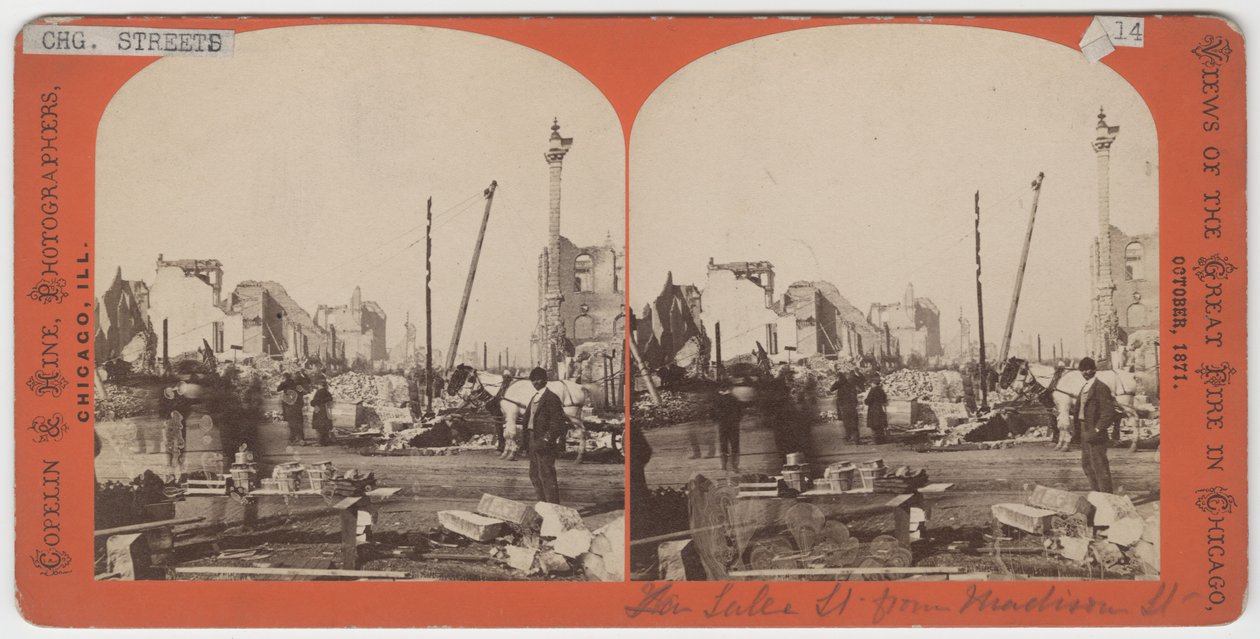 Stereograaf van het uitzicht op Lake St. vanaf Madison St. na de brand van Chicago in 1871 door American Photographer