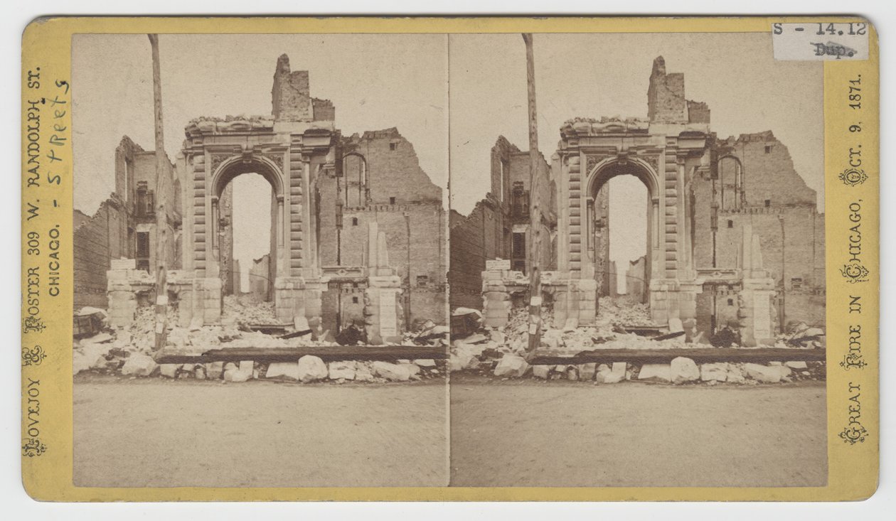 Stereograaf van het uitzicht op de ruïnes aan Washington Street na de brand van Chicago in 1871 door American Photographer