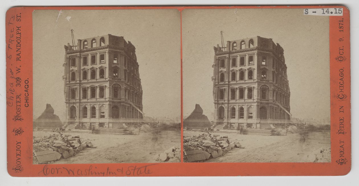 Stereograaf van het uitzicht op de First National Bank na de brand van Chicago in 1871 door American Photographer