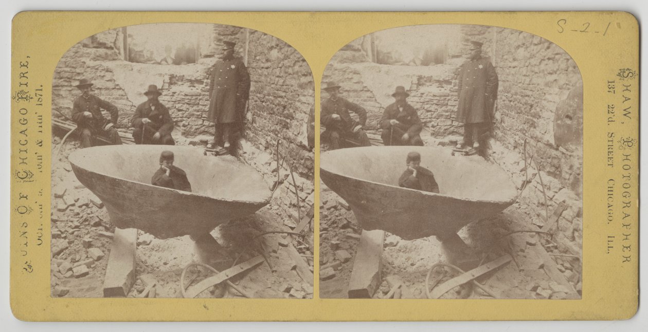 Stereograaf uitzicht op de gerechtsklok na de brand van Chicago in 1871 door American Photographer
