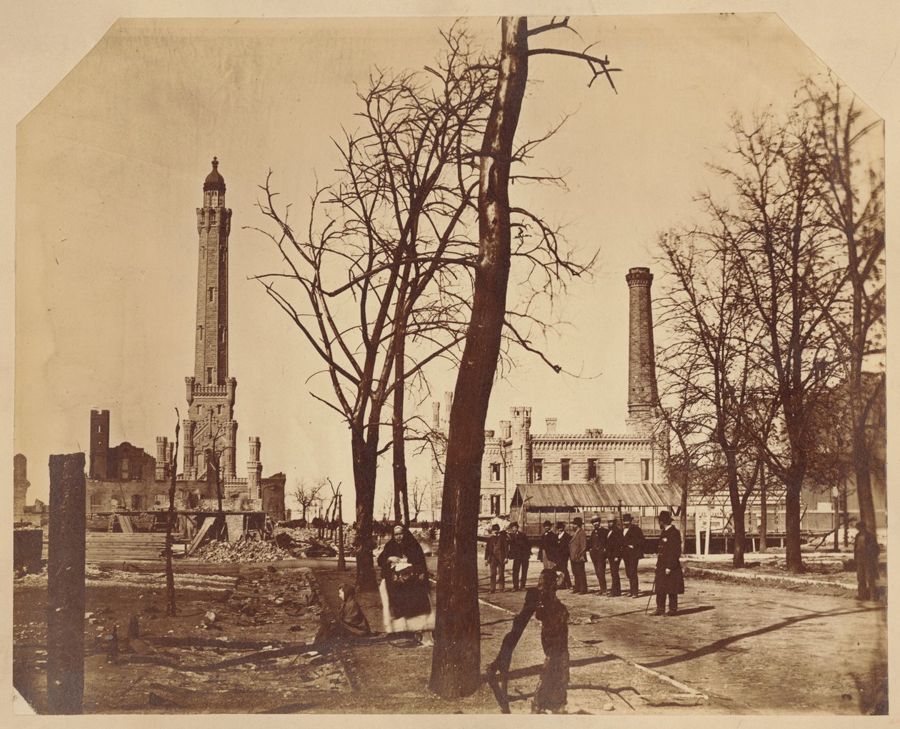 Stereografisch uitzicht op de Chicago Waterworks na de brand van Chicago, 1871 door American Photographer