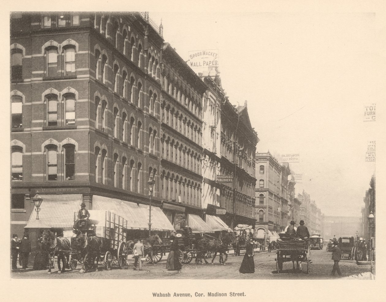 Uitzicht op de hoek van Wabash Ave. en Madison St., Chicago, 1889 door American Photographer