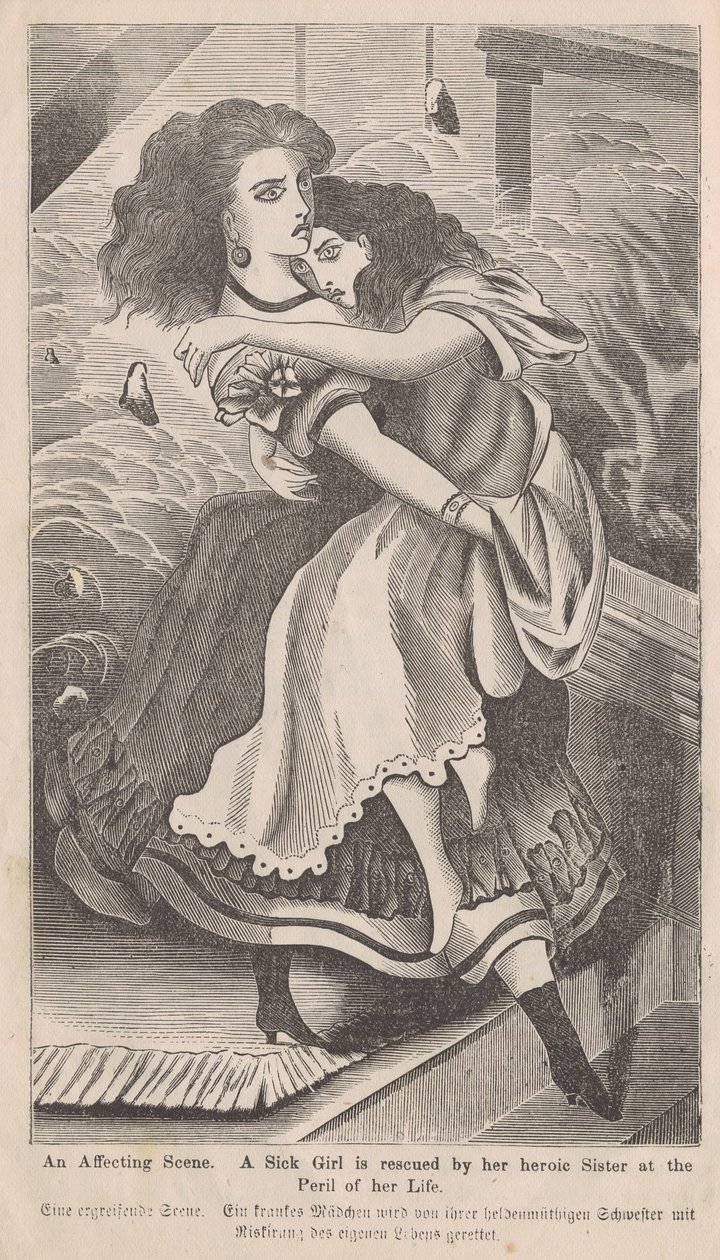 Een aangrijpende scène, Illustratie van een vrouw die haar zus redt tijdens de brand van Chicago in 1871, uit het boek van George L. Barclay, De Grote Brand van Chicago, 1872 door American School