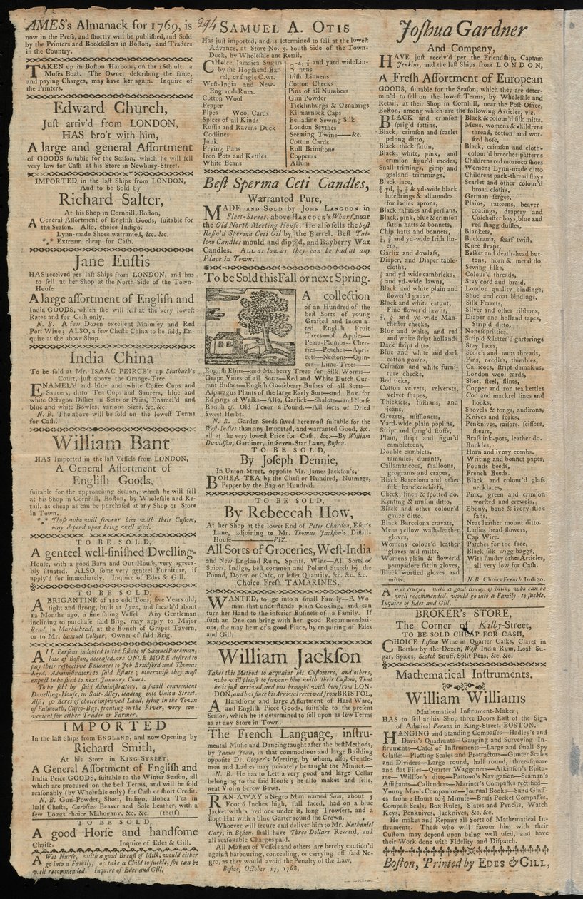Boston Advertenties voor goederen onderworpen aan invoerrechten en handelsbeperkingen, uit de Boston Gazette en Country Journal, 7 november 1768 door American School