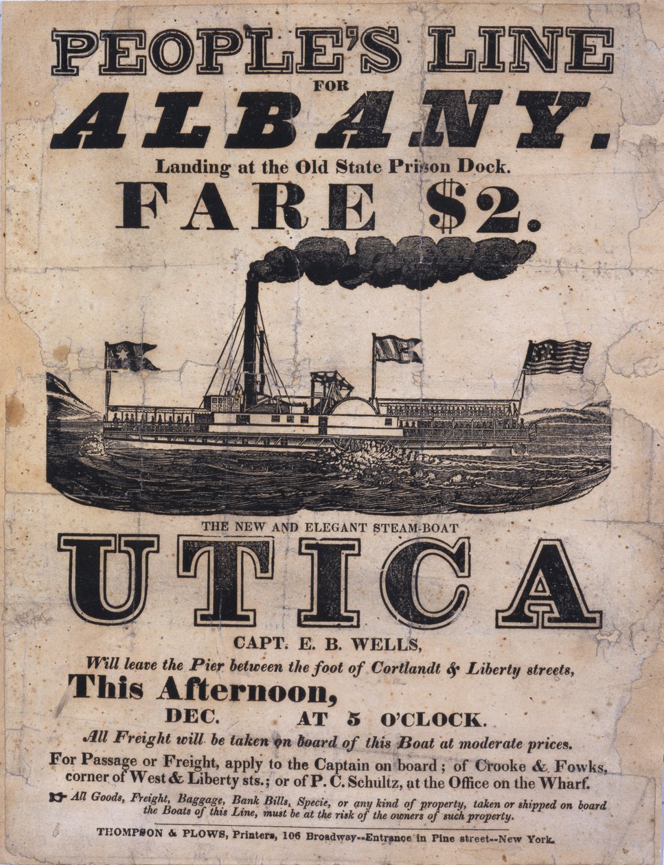 Broadsheet reclame voor Peoples Line naar Albany, De nieuwe en elegante stoomboot Utica door American School