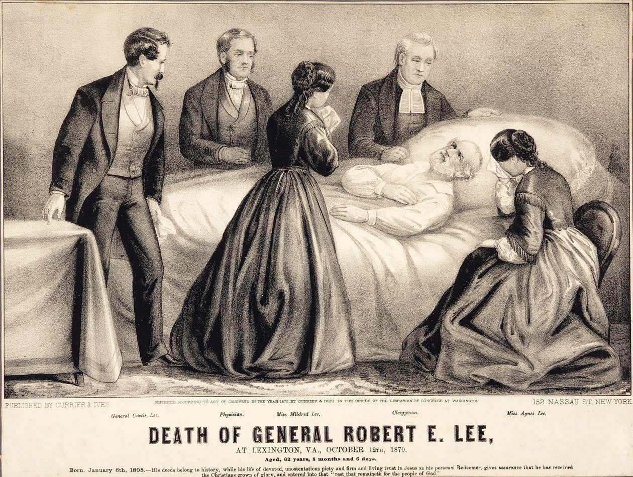 Dood van Generaal Robert E. Lee, in Lexington, Virginia, 12 oktober 1870, 62 jaar, 8 maanden en 6 dagen oud, uitgegeven 1870 door American School