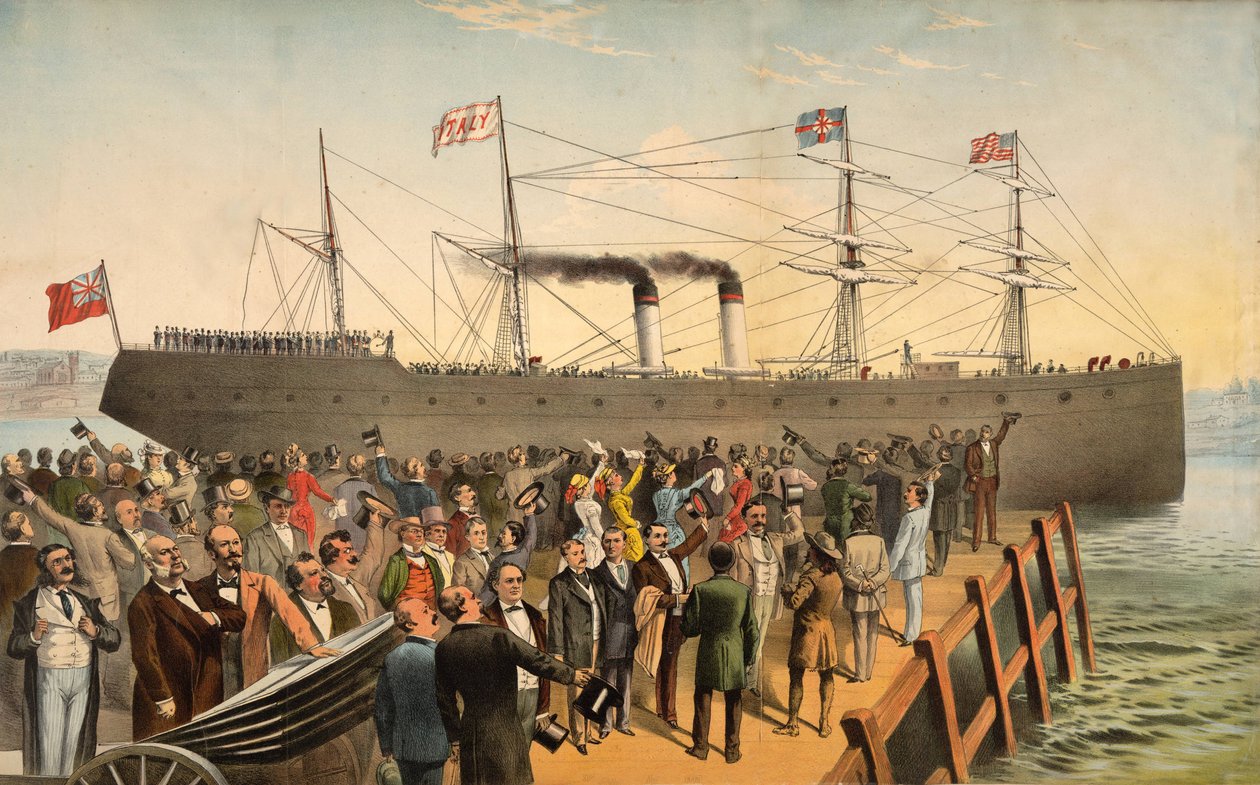Vertrek van stoomschip Italië, uitgegeven 1875 door American School