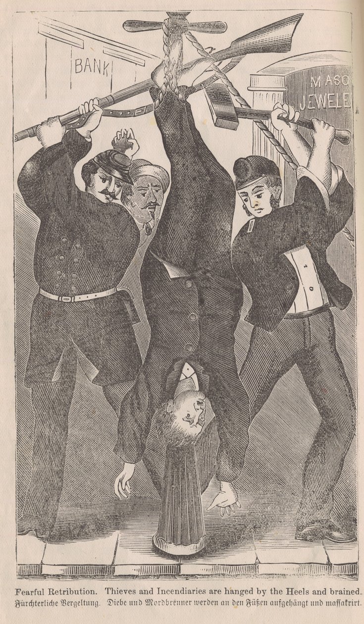 Angstige vergelding, dieven en brandstichters worden aan de hielen opgehangen en doodgeslagen, uit The Great Fires of Chicago door George L. Barclay, 1872 door American School