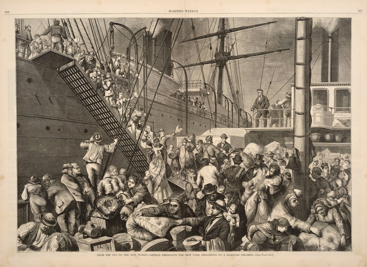 Van de Oude naar de Nieuwe Wereld - Duitse emigranten naar New York aan boord van een Hamburgse stoomboot, uit Harpers Weekly, uitgegeven 1874 door American School