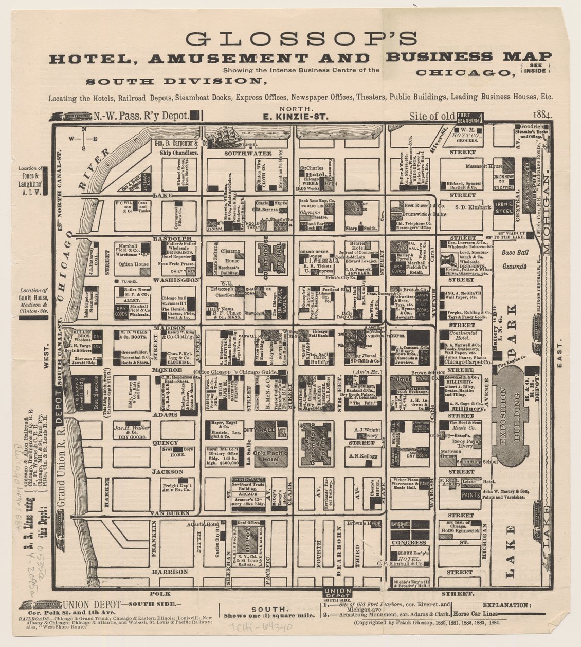Glossops Hotel, Amusement en Business Map, ca. 1884 door American School