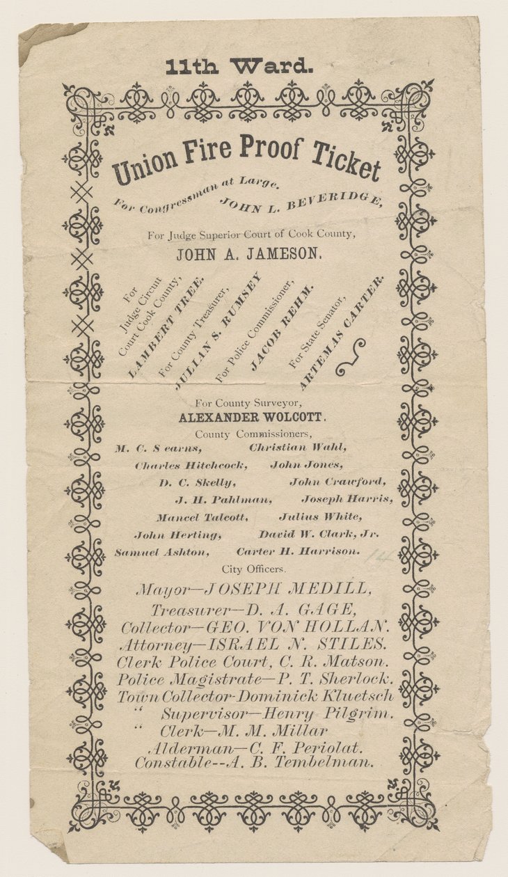 Pamflet van het 11e Wijk Union Fire Proof Ticket, Chicago, 1871 door American School
