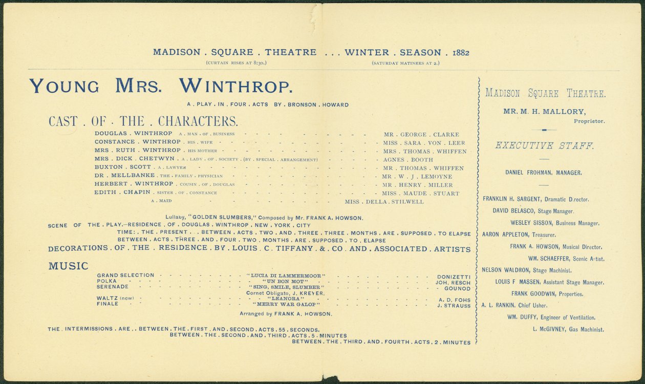 Madison Square Theatre, Winterseizoen 1882-83, programma voor Young Mrs. Winthrop. [interieur], 1882 door American School