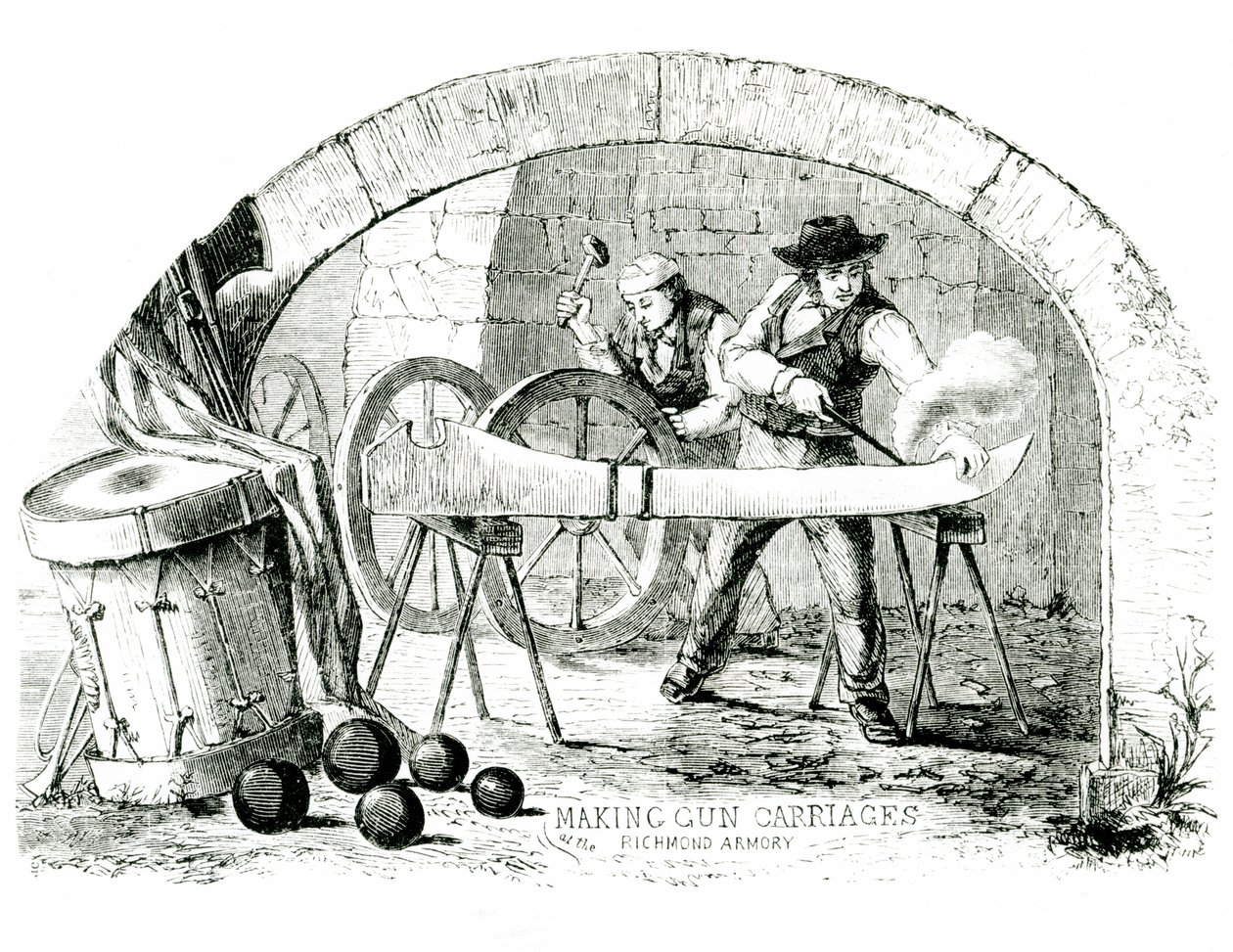 Handmatig maken van kanonwagens in de Richmond-wapenfabriek, 1860s door American School