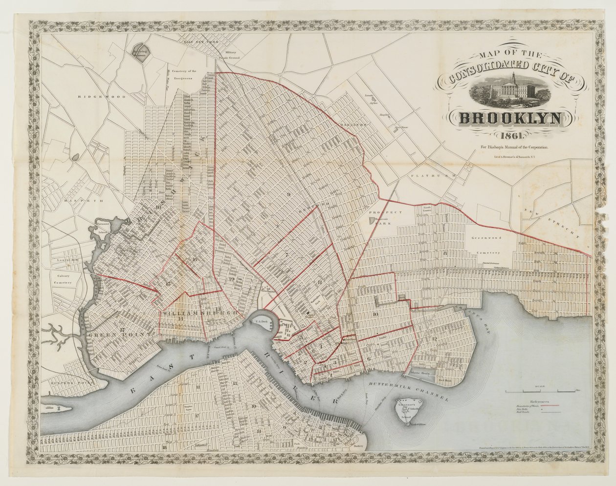 Kaart van de geconsolideerde stad Brooklyn, 1861 door American School