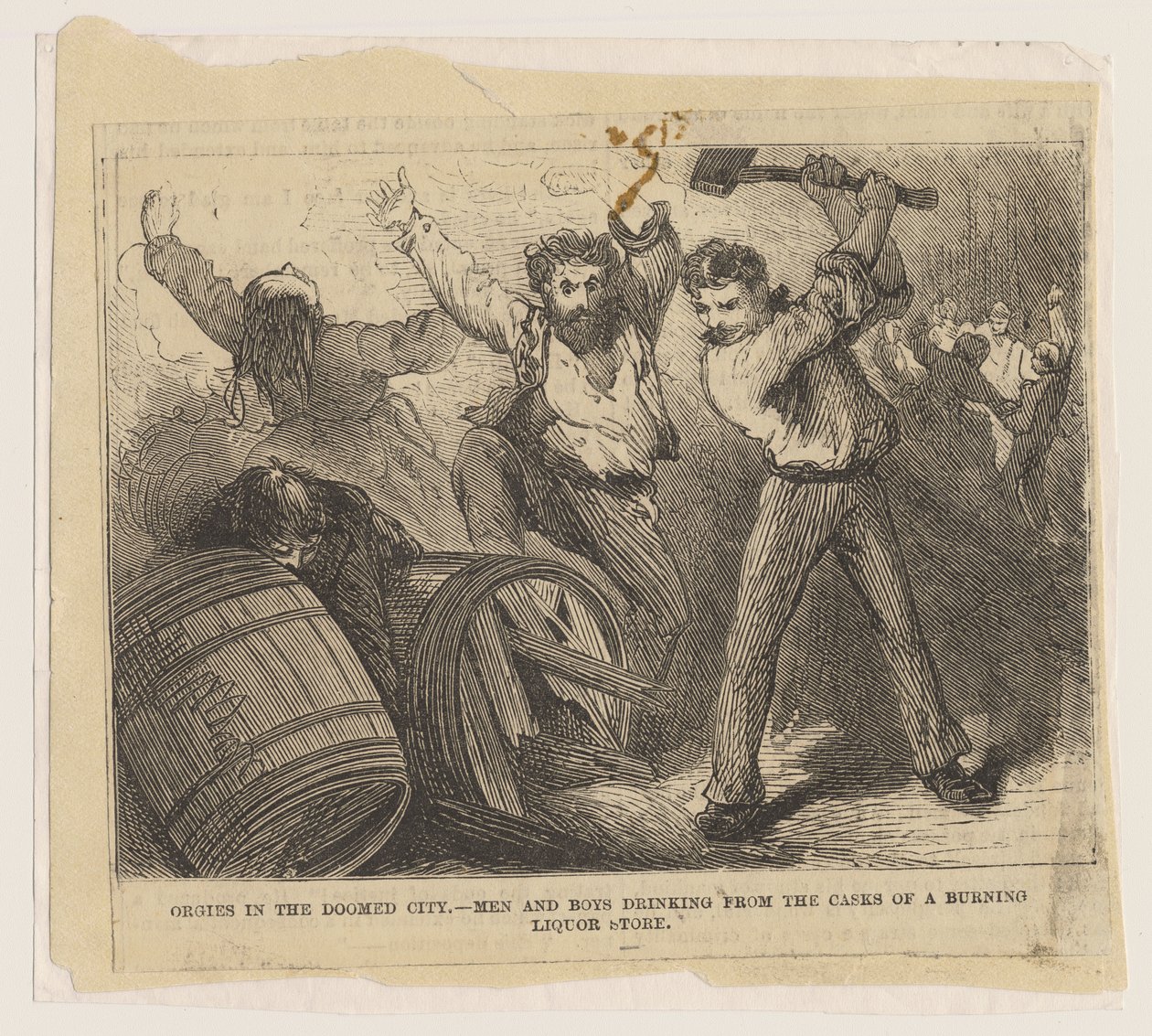 Orgiën in de Verdoemde Stad - Mannen en jongens drinken uit de vaten van een brandende drankwinkel, 1871 door American School