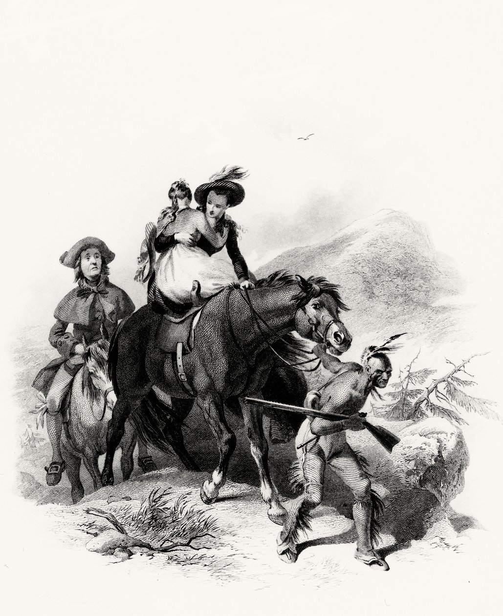 Alice op hetzelfde paard met Cora plaatsen, hij greep de teugel en begon zijn route door dieper het bos in te gaan, illustratie uit Laatste der Mohikanen, door James Fennimore Cooper, 1826 door American School
