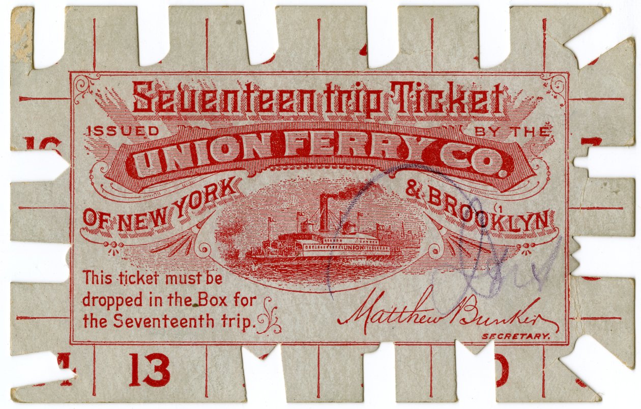 Zeventien ritten Ticket, Uitgegeven door de Union Ferry Co. van New York & Brooklyn door American School