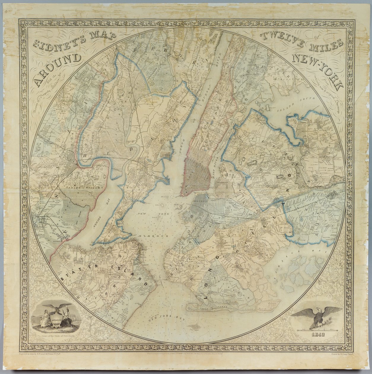 Sidneys Kaart Twaalf Mijlen Rond New York, lithografie door Norman Friend, gedrukt door John Henry Camp, 1849 door American School