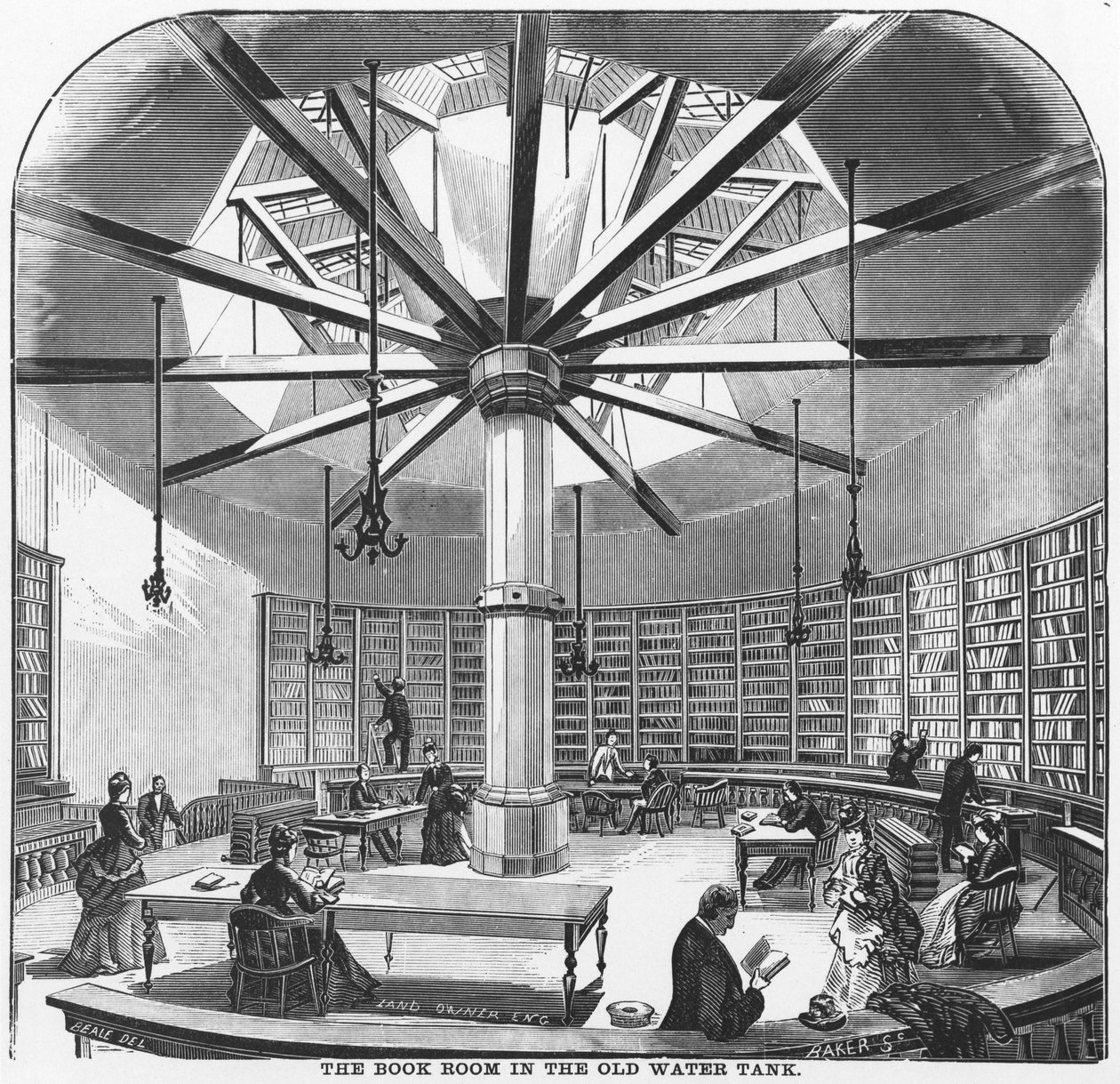De boekenkamer in de oude watertank, uit The Merchants and Manufacturers of Chicago, gepubliceerd door J.M. Wing & Co., 1873 door American School