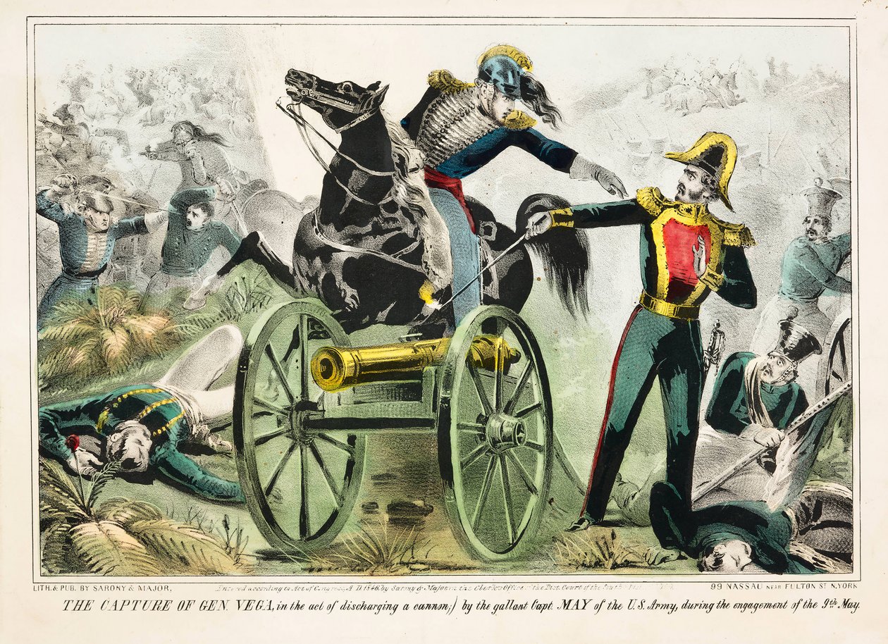 De gevangenneming van Generaal Vega, tijdens het afvuren van een kanon, door de dappere Kapitein May van het Amerikaanse leger, tijdens het gevecht van 9 mei, uitgegeven 1846 door American School