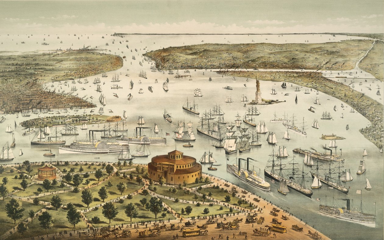 De haven van New York: vogelvlucht vanuit de Battery, kijkend naar het zuiden, uitgegeven 1892 door American School