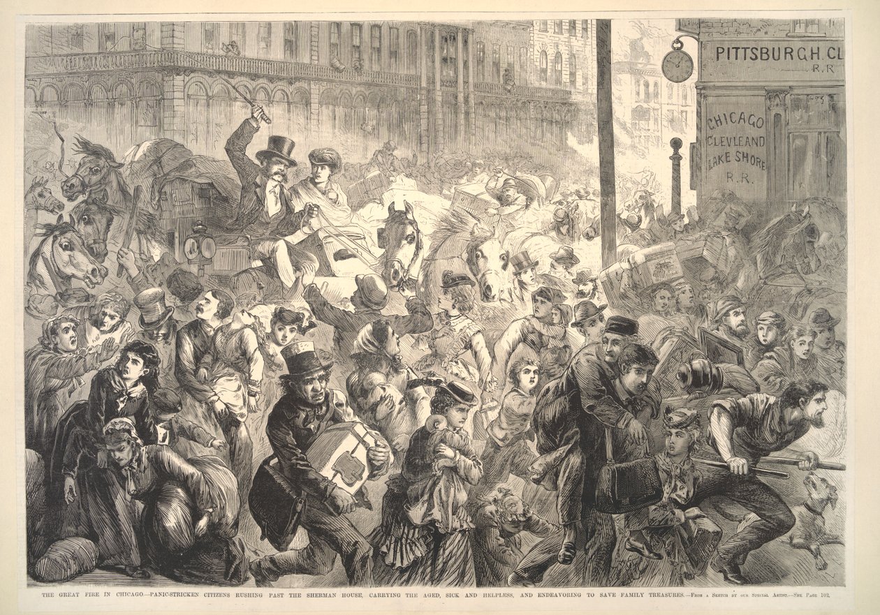 De grote brand in Chicago: paniekerige burgers rennen langs het Sherman House, illustratie uit Frank Leslies Illustrated Newspaper, 1871 door American School
