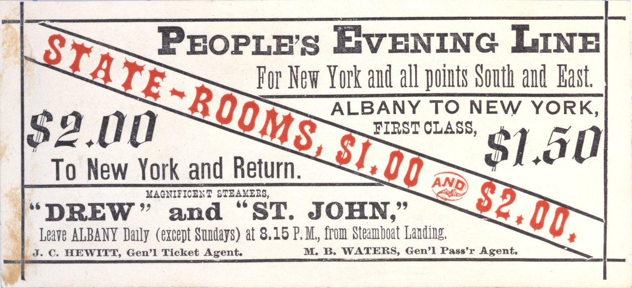 Ticket voor de Peoples Evening Line, Albany naar New York, recto door American School