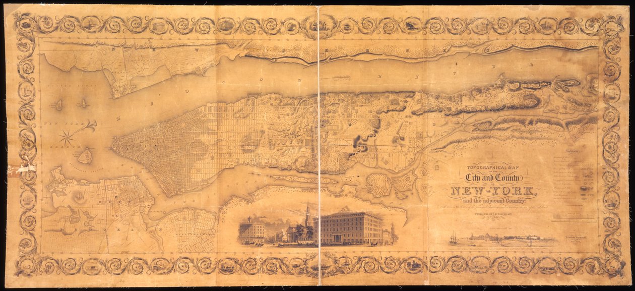 Topografische kaart van de Stad en County of New-York, en het aangrenzende land : met afbeeldingen in de rand van de belangrijkste gebouwen, en interessante landschappen van het eiland door American School