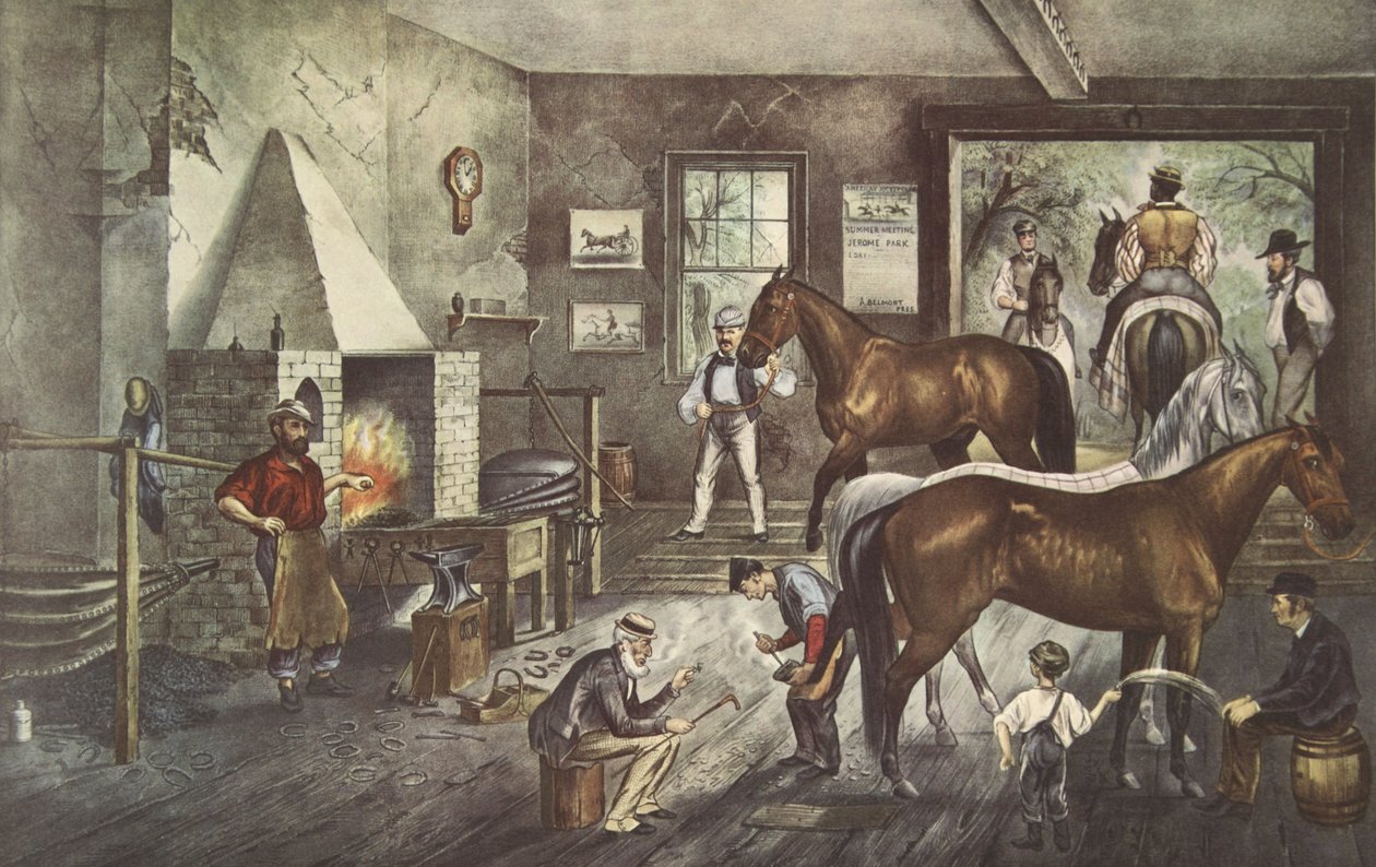 Trotting Cracks bij de smidse, uitgegeven 1869, Currier & Ives door American School