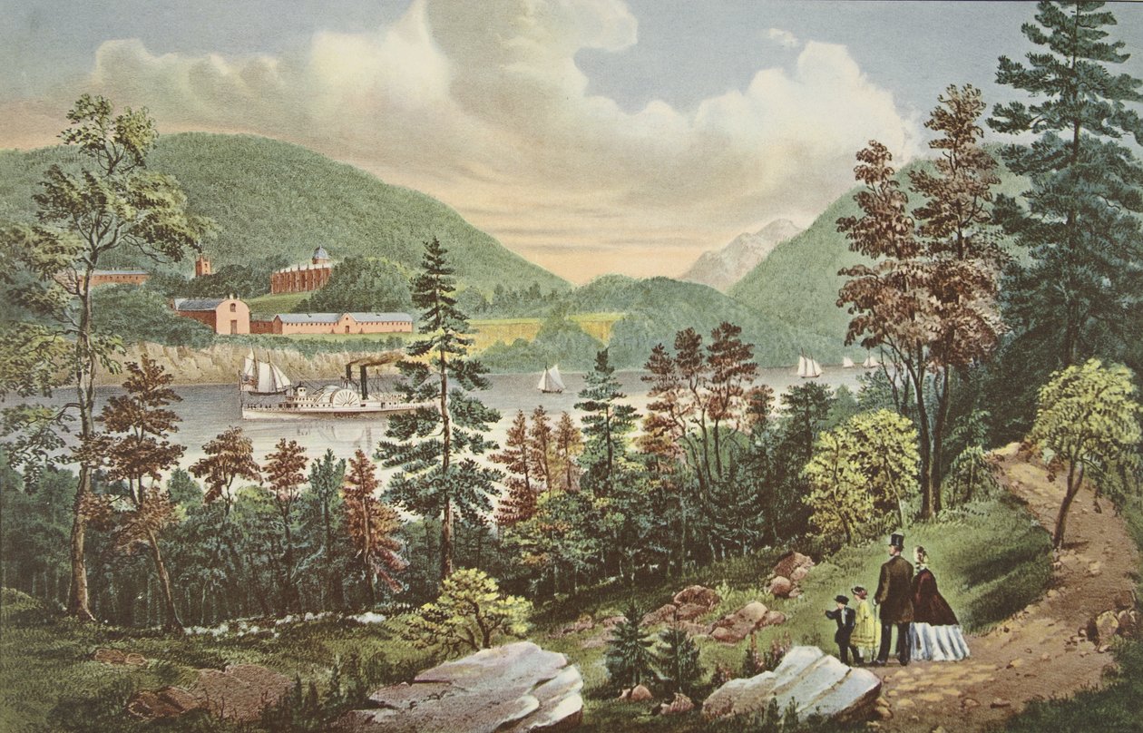 U.S. Militaire Academie - West Point, vanaf de overkant, uitgegeven 1862, Currier & Ives door American School