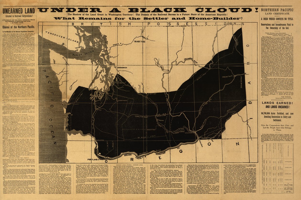 Onder een zwarte wolk! Wat blijft er over voor de kolonist en huisbouwer? Kaart van Washington Territory uitgegeven door het Ministerie van Binnenlandse Zaken in 1883 door American School