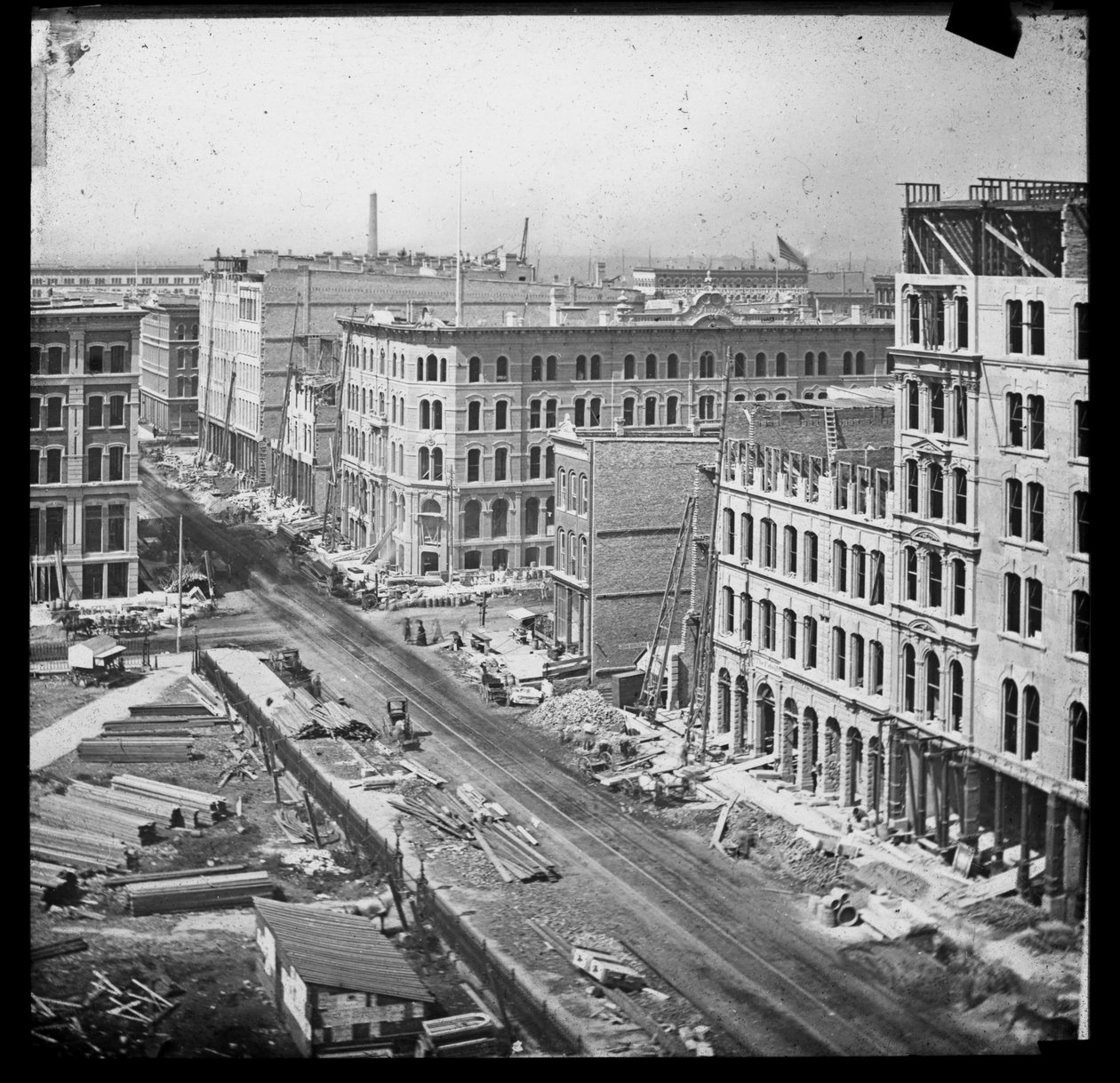 Uitzicht op Randolph Street, westelijk vanaf het gerechtsgebouw, na de Chicago-brand van 1871, 1871 door American School
