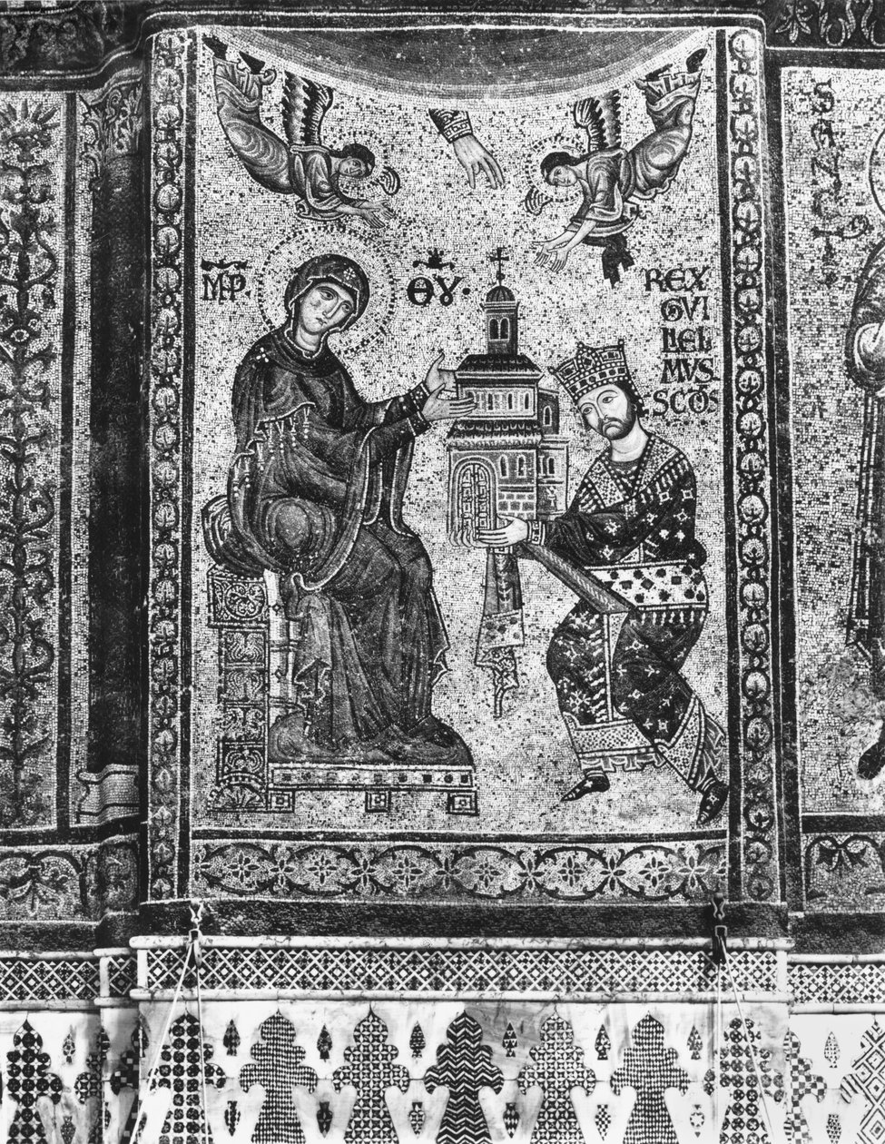 Koning Willem II van Sicilië biedt de kerk van Monreale aan de Maagd aan door Byzantine School