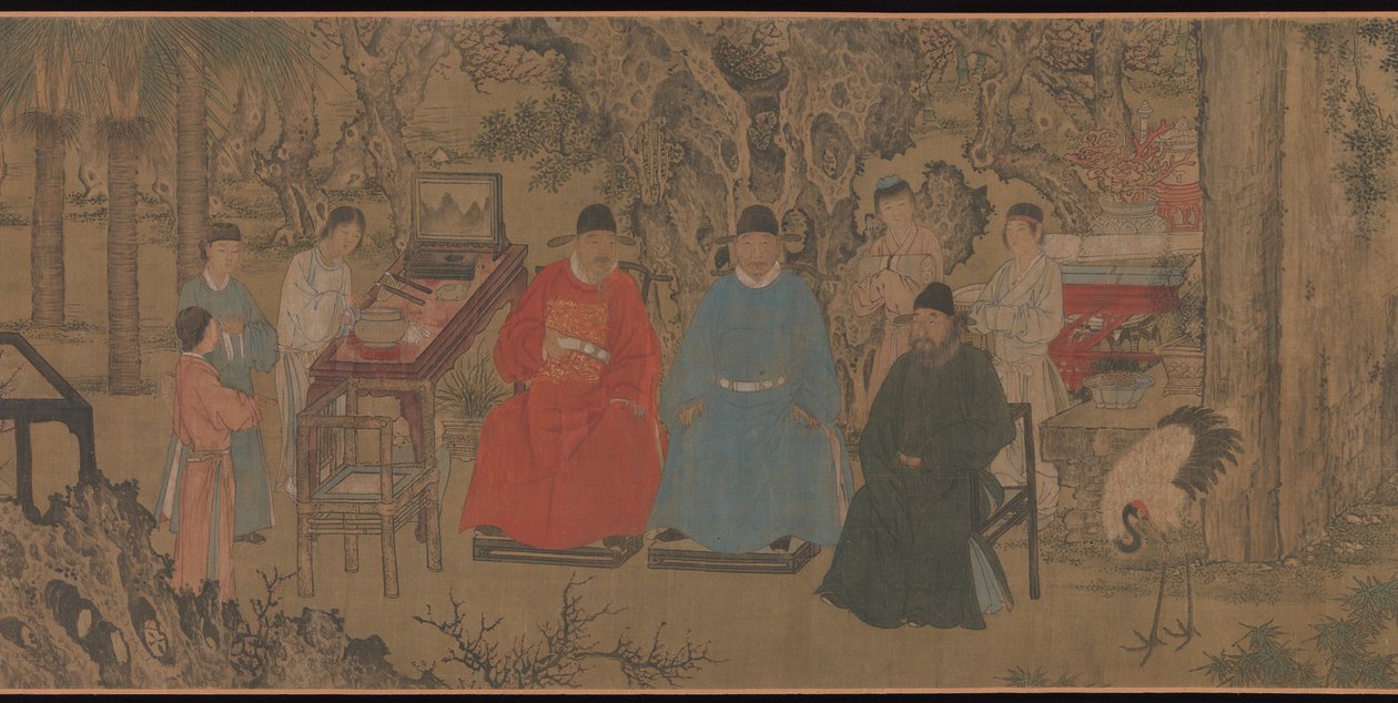 Elegante bijeenkomst in de abrikozen tuin, handrol, ca. 1437 door Chinese School