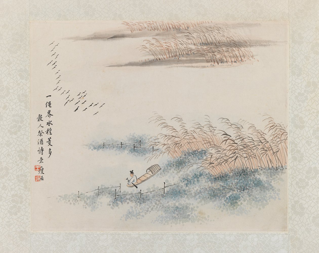 Visser en riet, albumbladschilderij door Chinese School