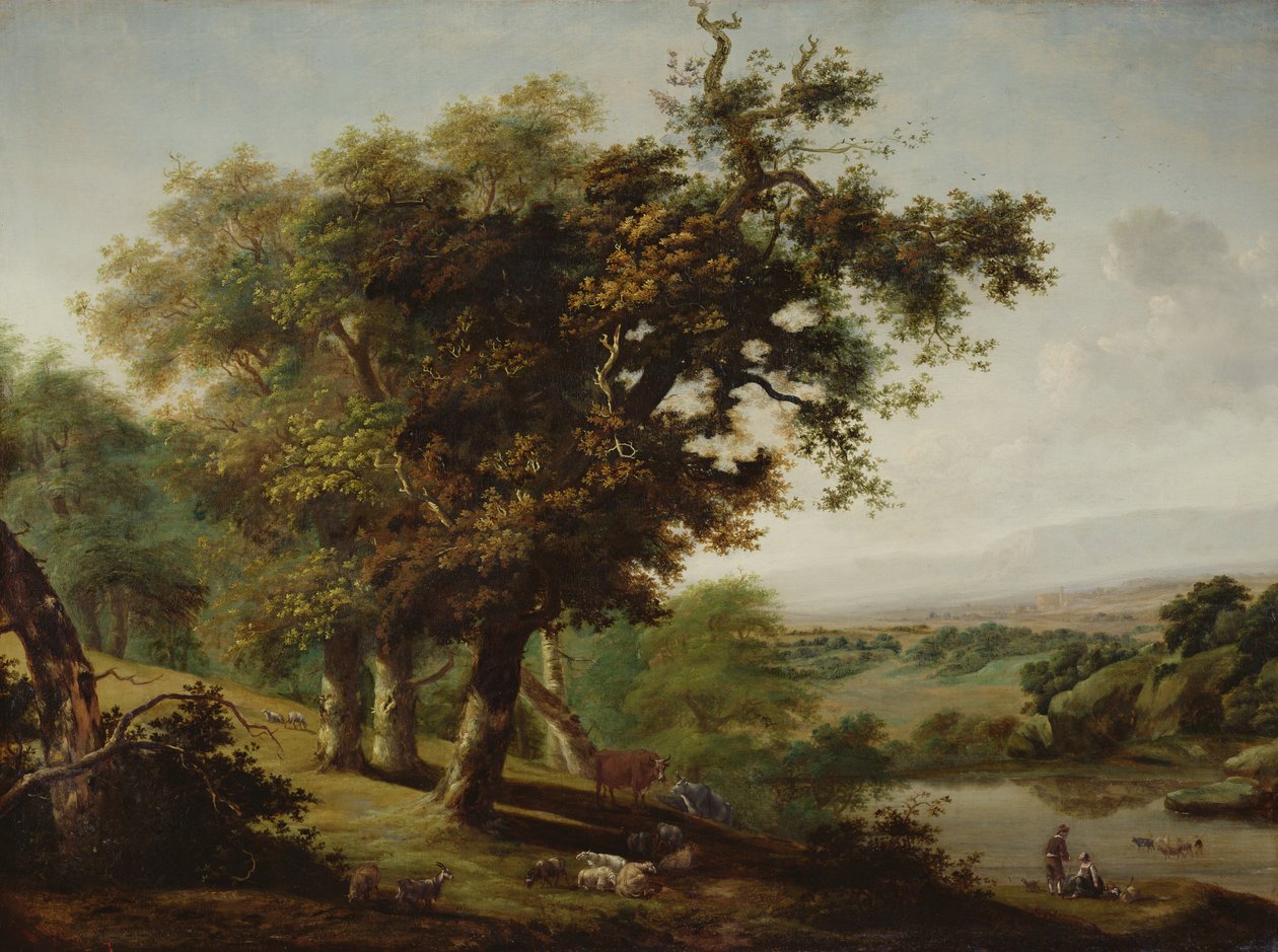 Landschap met drie eikenbomen door Dutch School