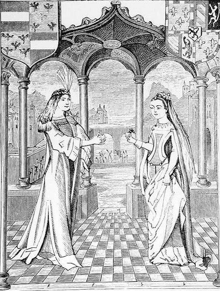 Een Verlovingsgesprek, illustratie uit Wetenschap en Literatuur in de Middeleeuwen en de Renaissance, geschreven en gegraveerd door Paul Lacroix, 1878 door English School