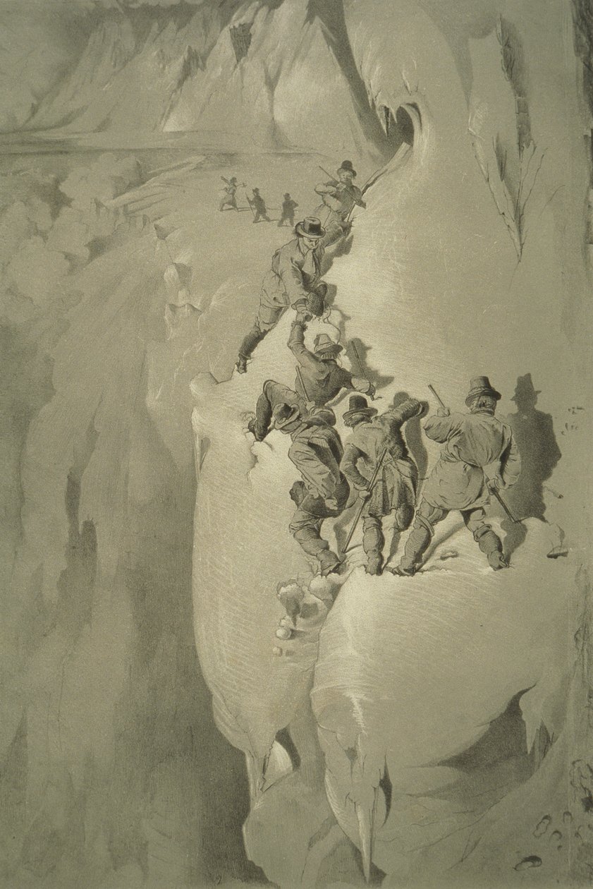 Een gevaarlijke hoek, uit Tien scènes in de laatste beklimming van de Mont Blanc inclusief vijf uitzichten vanaf de top, door J.D.H. Browne, gepubliceerd 1853 door English School