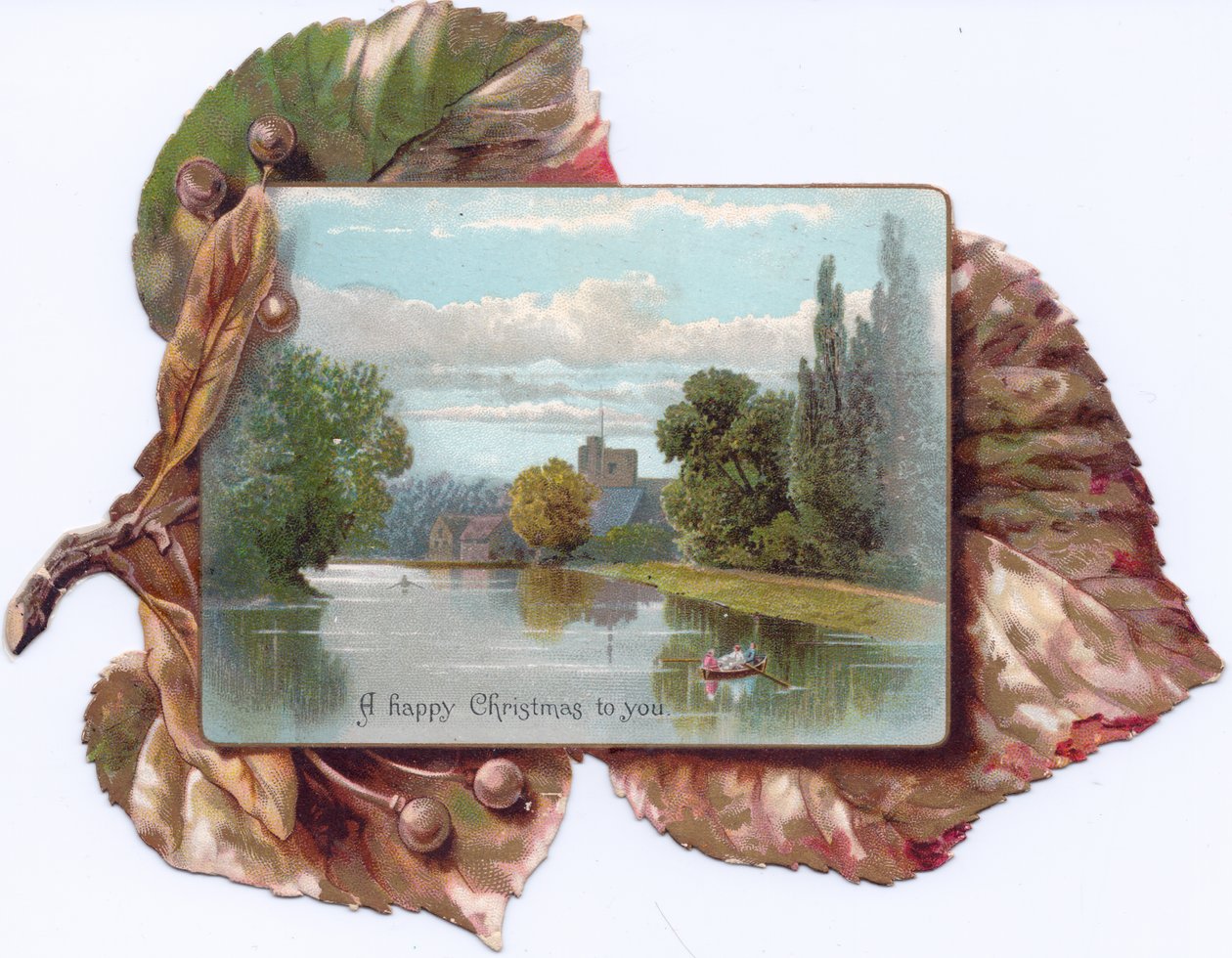 Een Victoriaanse Uitgesneden Kaart van een Blad met een Schilderij van een Roeiboot op een Meer, c.1880 door English School