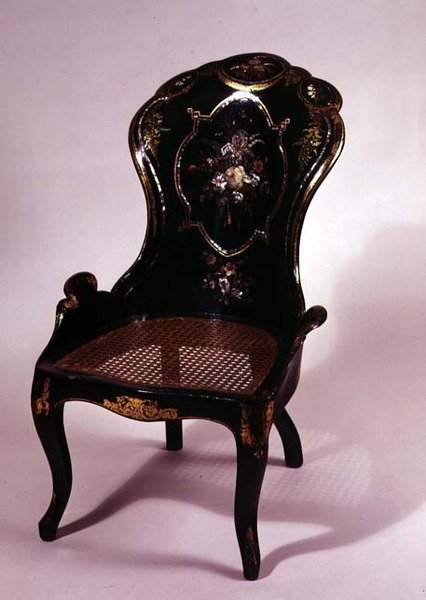 Stoel met gespleten rieten zitting en parelmoer decoratie, c.1840-50 door English School