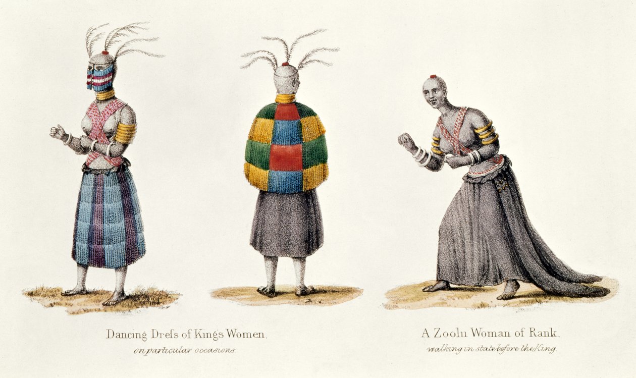 Dansjurk van de vrouwen van de koning en een Zoolu vrouw van rang, illustratie uit Narrative of a Journey to the Zoolu Country door A.F. Gardiner, 1836 door English School