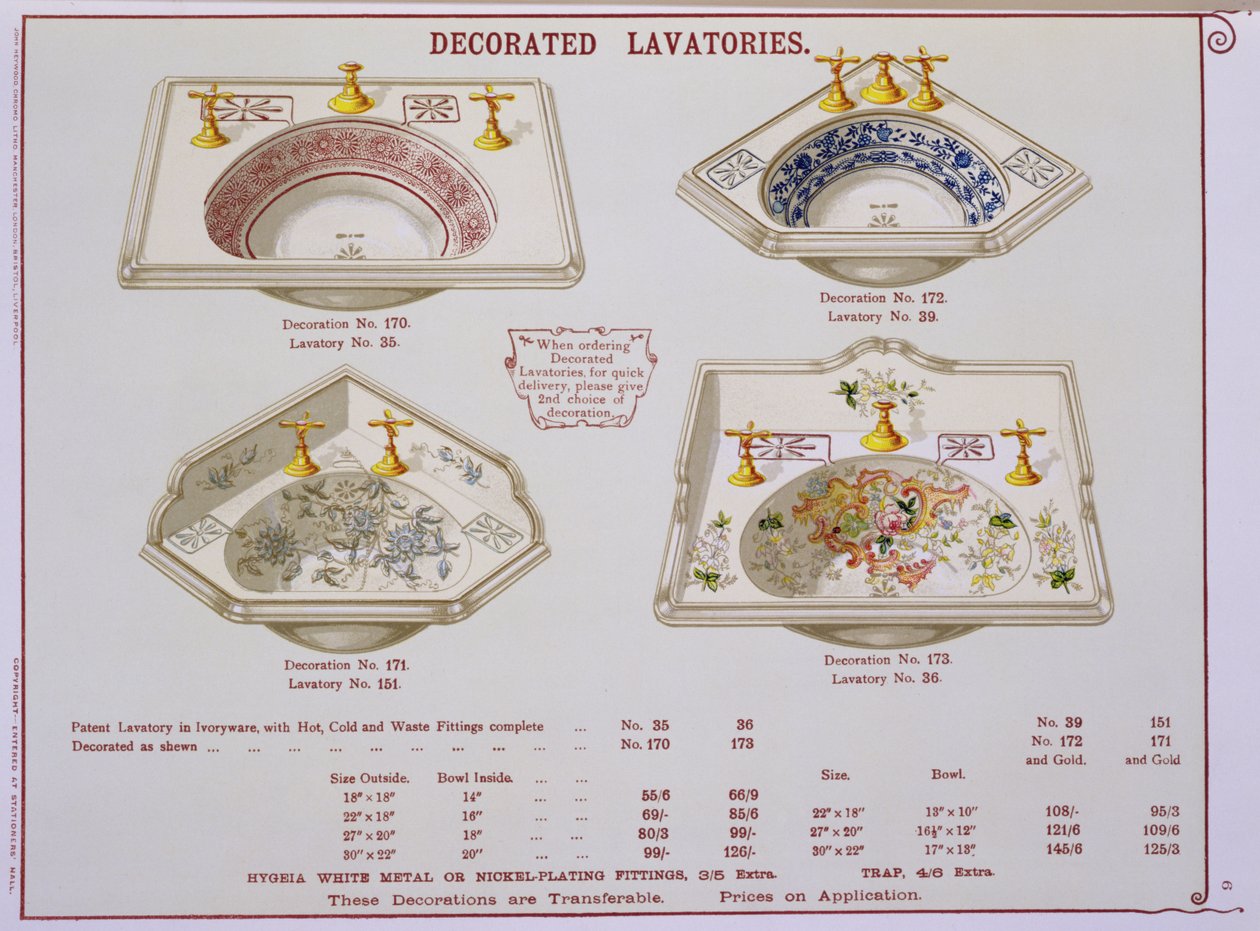 Gedecoreerde toiletten uit een catalogus van sanitaire waren geproduceerd door Morrison, Ingram & Co., Manchester, gepubliceerd ca. 1890 door English School