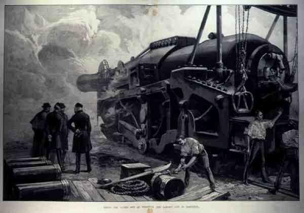 Het afvuren van het 111-tons kanon in Woolwich (het grootste kanon ter wereld) door English School